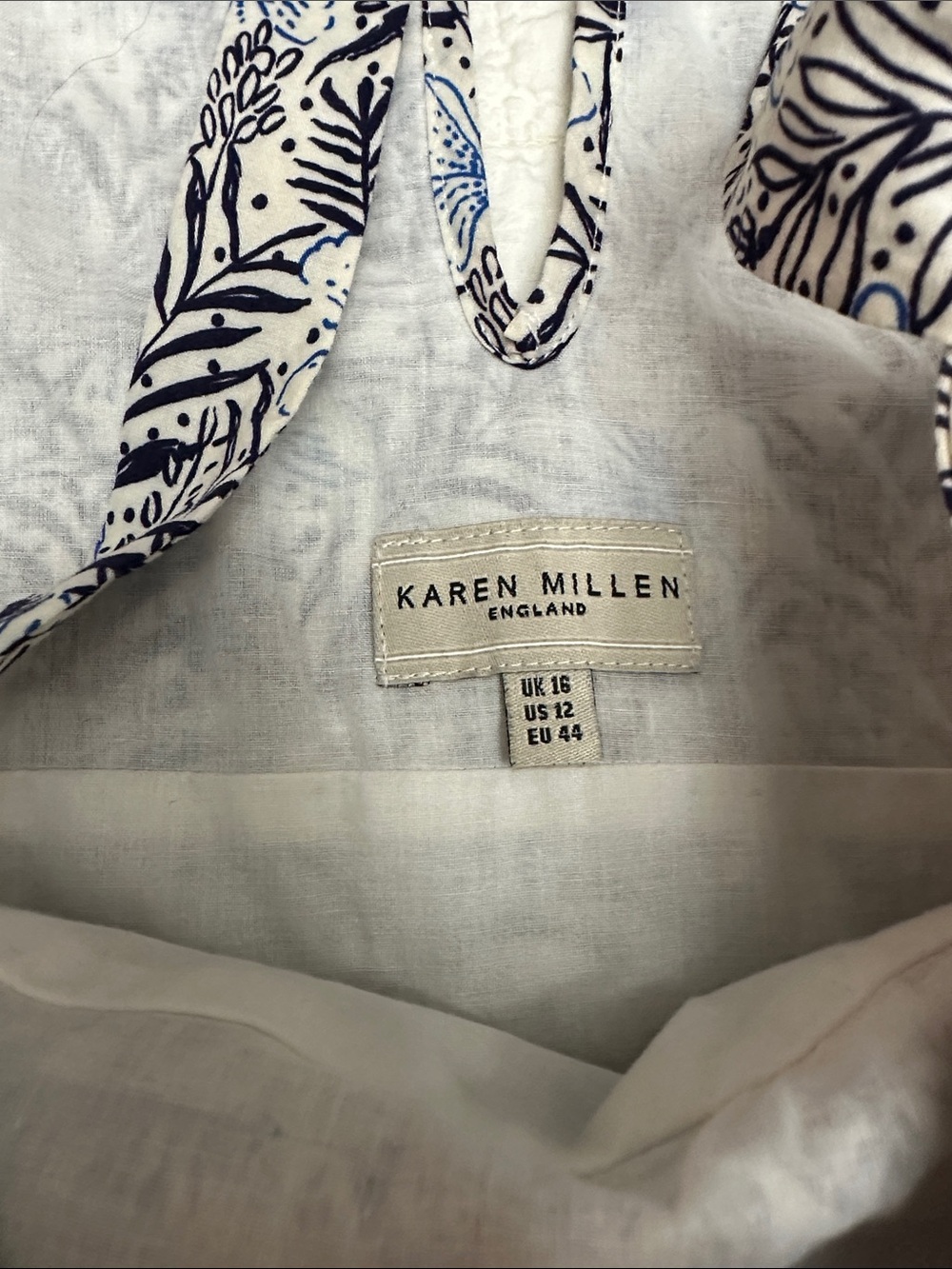 Karen Millen US 12 White A-Line Smocked Dress Navy Light Blue Botanical Print - Picture 3 of 10